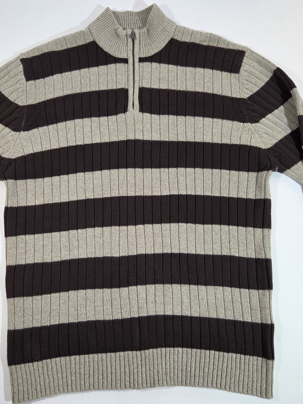 Silverlake Men's Gray Brown Striped Ribbed Quarter Zip Sweater Pullover XL